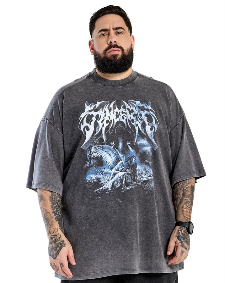Camiseta Oversized Boxy Estonada Sincere Cinza Chumbo Knulu