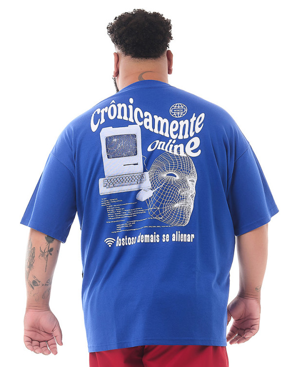 Camiseta Oversized Cronicamente On Line Azul Royal Collab Knulu + Noi