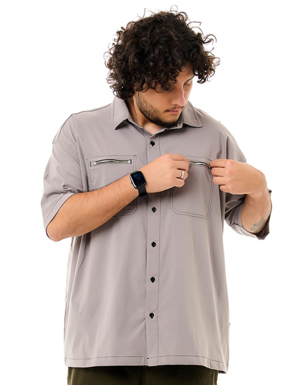 Camisa Oversized Workshirt Zíper Cinza Chumbo Knulu