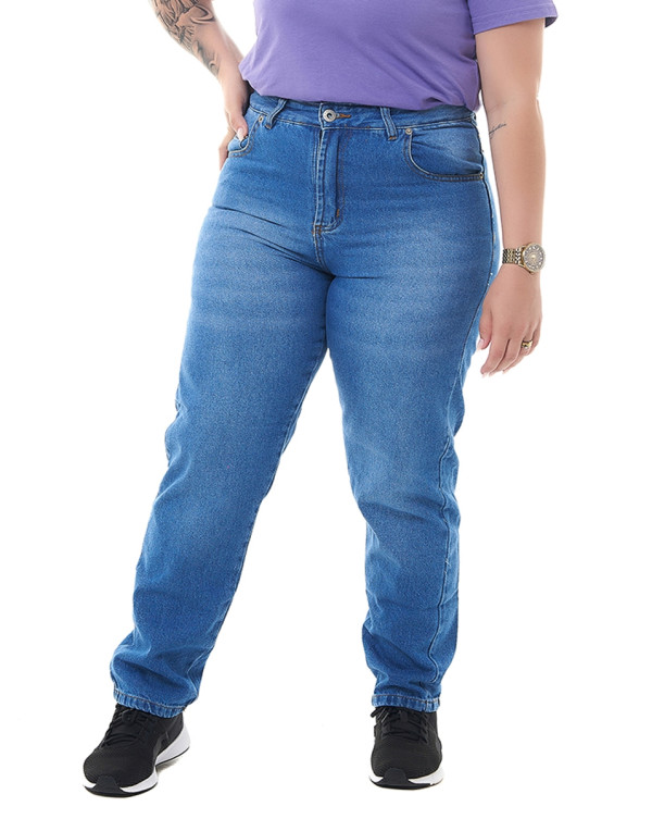 Calça Jeans Feminina Five Pockets Mom Jeans Angels Azul Knulu