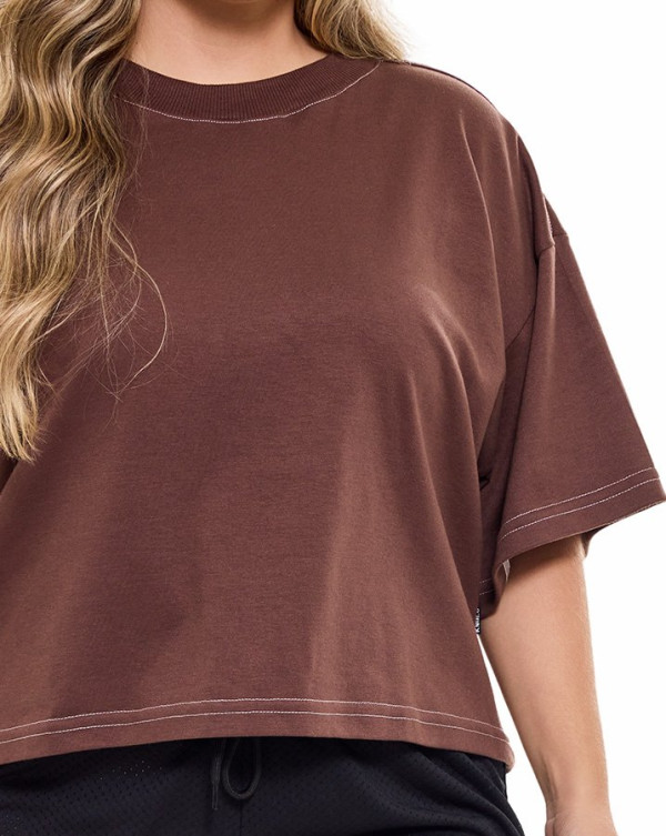 Camiseta Feminina Oversized Boxy Shoulder Line Marrom Knulu