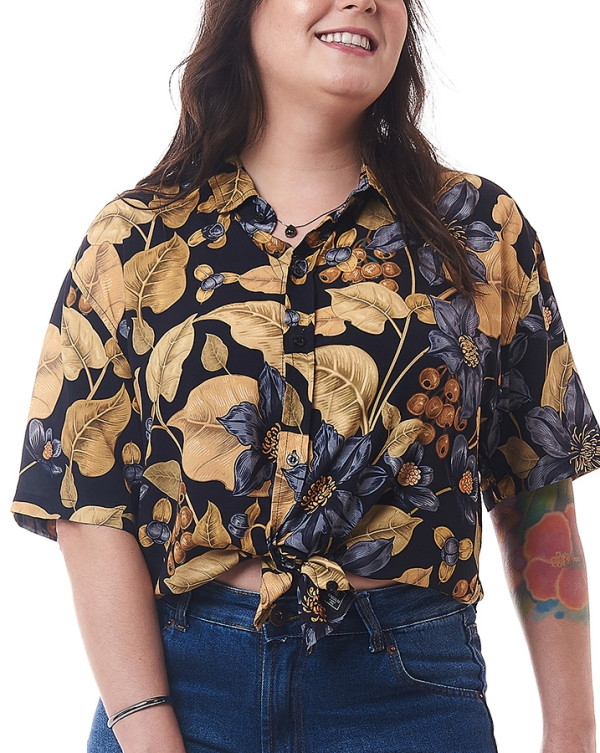 Camisa de Botão Feminina Regular Fit Golden Flower Preto Knulu
