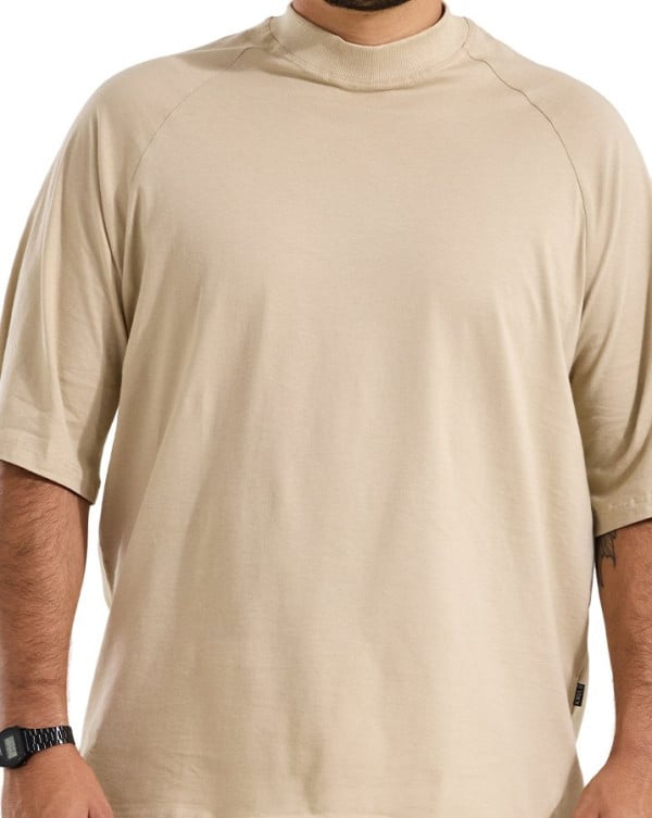 Camiseta Oversized Basic Gola Alta Algodão Premium Bege Knulu